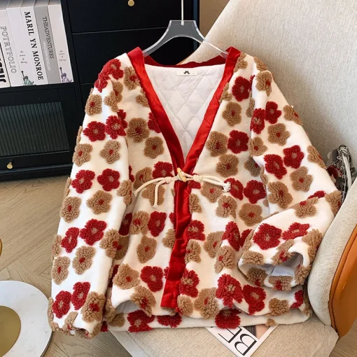 Plus Size Women's Loose Cotton Chinese Style Flower Jacket