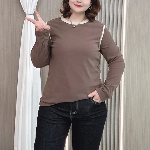 Plus Size Long Sleeve Velvet Block Color Casual Top