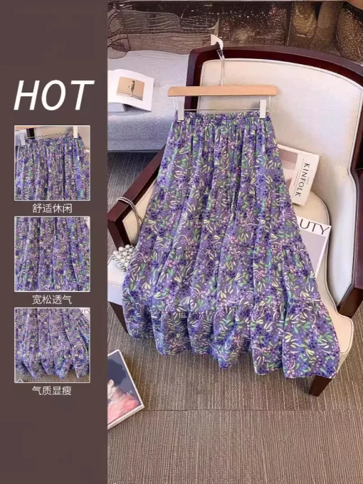 Plus Size Women's High Waisted Floral A-Line Skirt Purple - Image 4