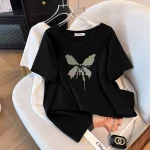 Plus Size Women's Summer Loose Diamond Detail Round Neck T-Shirt