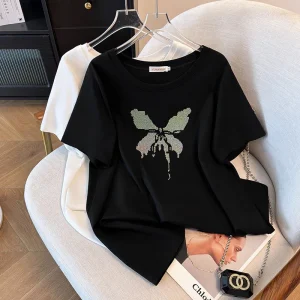 Plus Size Women's Summer Loose Diamond Detail Round Neck T-Shirt