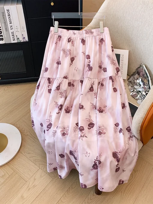 Plus Size High Waisted Floral A-Line Skirt Pink - Image 3