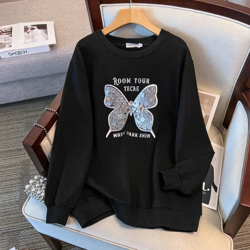 Plus Size Loose Round Neck Sequined Butterfly Sweatshirt - Image 4