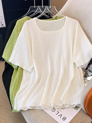 Plus Size Women's Summer Loose Slanted Needle Jacquard T-shirt
