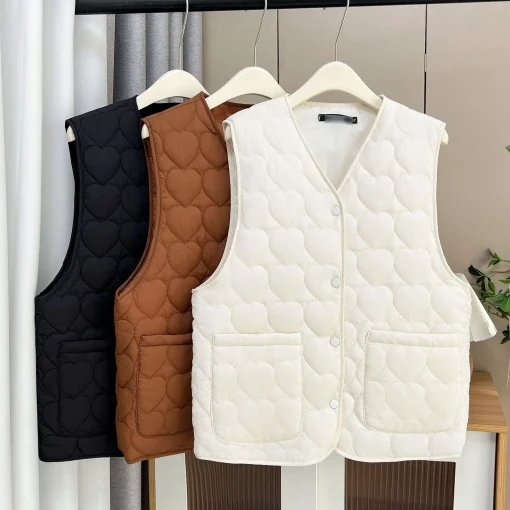 Plus Size Autumn Winter Loose V-Neck Quilted Vest Coat - Image 2