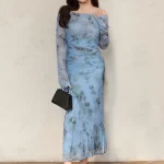 Women's French Blue Mesh Long Sleeve Side Slit Dress