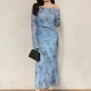 Women's French Blue Mesh Long Sleeve Side Slit Dress