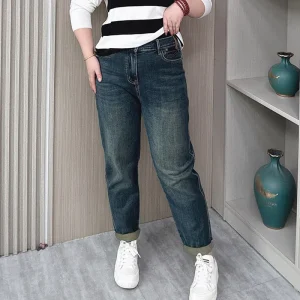 Plus Size High Waist Cuffed Loose Denim Harem Pants