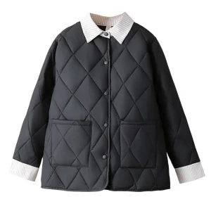 Plus Size Women’s Argyle Lapel Block Color Cotton-Padded Parka