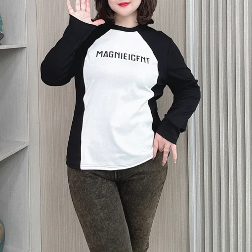 Plus Size Long Sleeve Block Color T-Shirt for Women