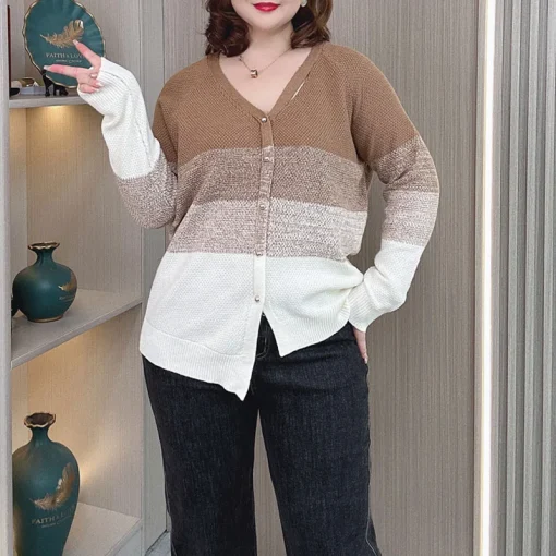 Plus Size Women Knit Cardigan, Soft V-neck Hollow Sweater - Image 4