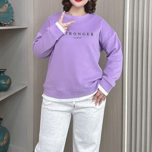 Plus Size Round Neck Pullover Hoodie Casual Sweatshirt - Image 4