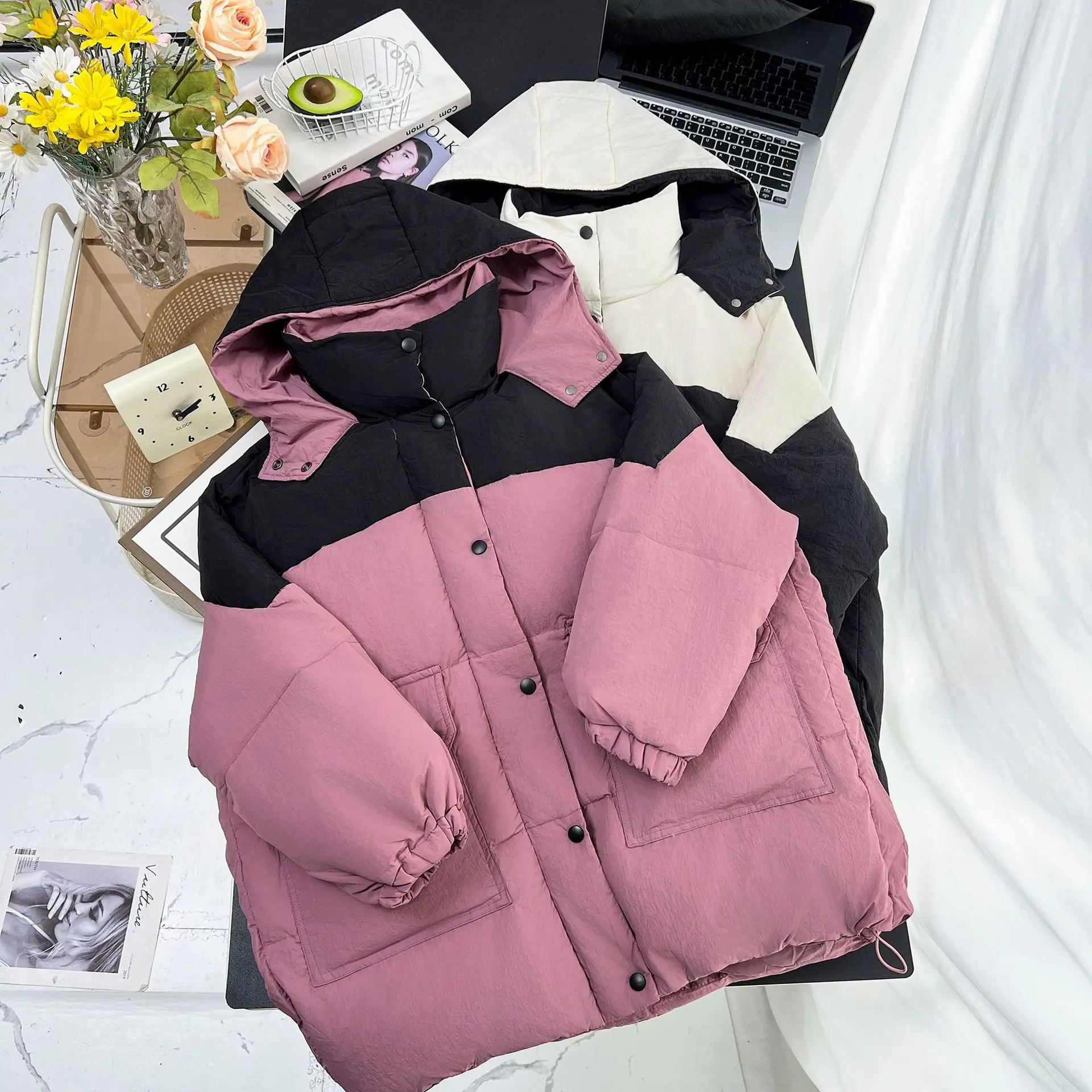 Plus Size Women Down Coat Winter Hooded Block Color Jacket - Image 4