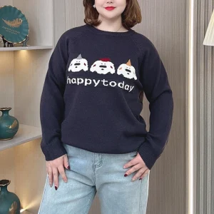 Plus Size Women's Soft Jacquard O-Neck Pullover Sweater