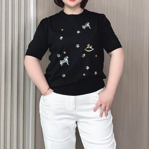 Plus Size Summer Slim Fit Sequin Embroidery Knit Top - Image 2