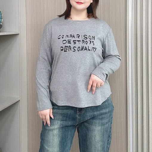 Plus Size Loose Fit Round Neck Long Sleeve T-shirt for Women - Image 4