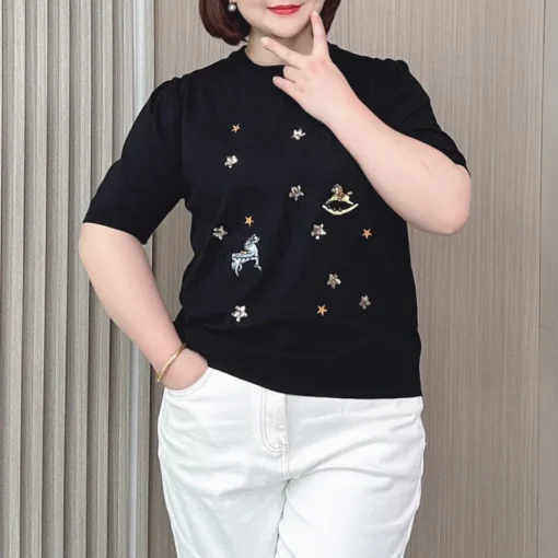 Plus Size Summer Slim Fit Sequin Embroidery Knit Top - Image 3