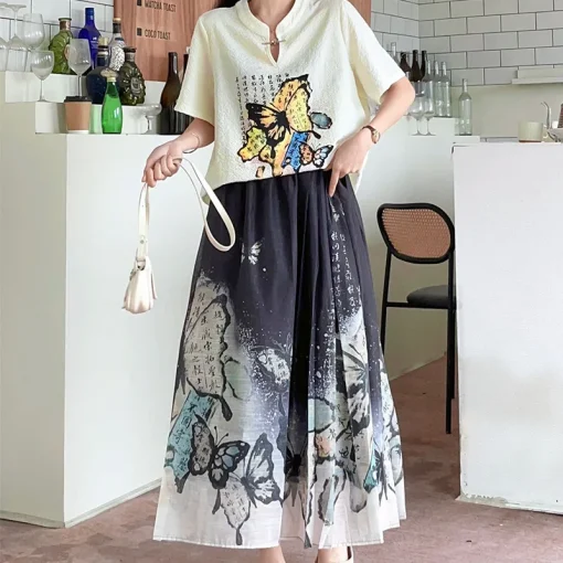 Plus Size Women's Summer Retro Chinese Style T-Shirt Skirt Set - Image 4