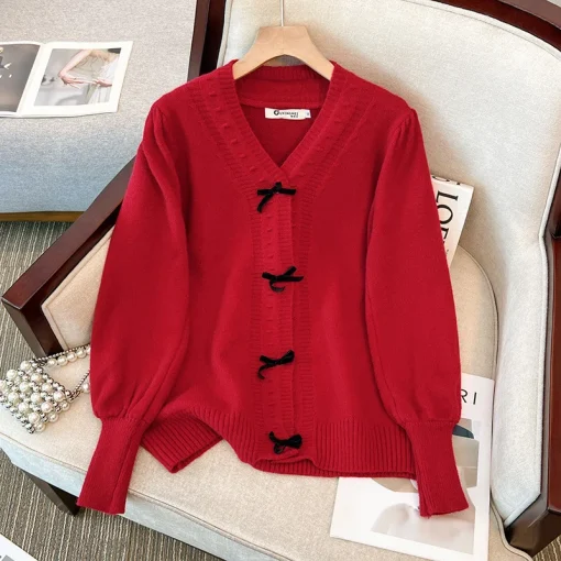 Plus Size Women's Loose V-Neck Bow Knitted Sweater Coat - Image 4