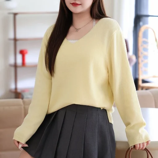 Women’s V-Neck Loose Knit Jumper, Solid Pullover, Plus Size - Image 5