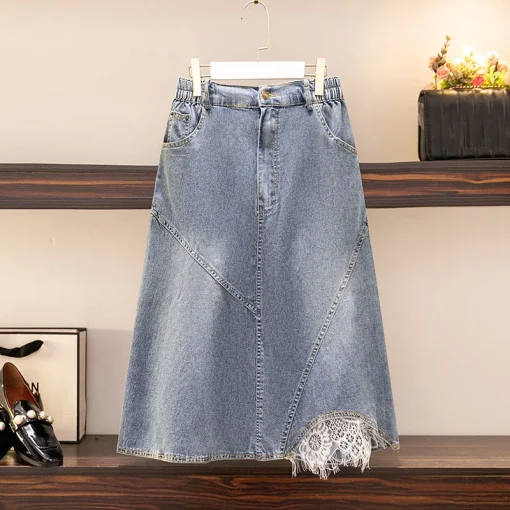 Plus Size Women's High Waist Lace A-Line Denim Skirt