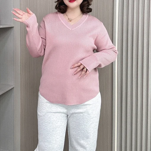 Plus Size V-neck Long Sleeve Knitted Sweater for Women