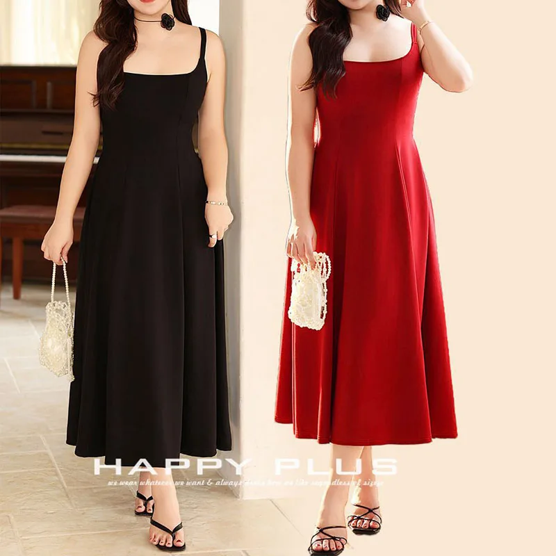 Women's Square Collar A-Line Black Long Dress, Plus Size - Image 3