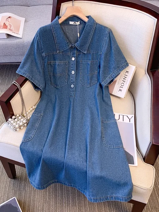 Plus Size Women's Summer Loose Retro Polo Collar Denim Dress