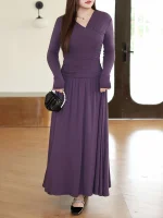 V-Neck Pleated Slim Dress Women Plus Size Long Dress