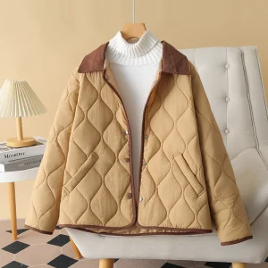 Plus Size Women’s Contrast Color Lapel Cotton-Padded Parka Jacket