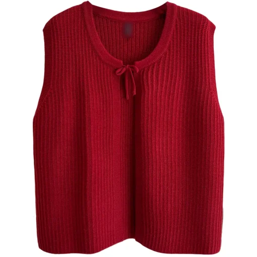 Women's Core Yarn Knitted Waistcoat, Loose Sleeveless Cardigan - Image 6