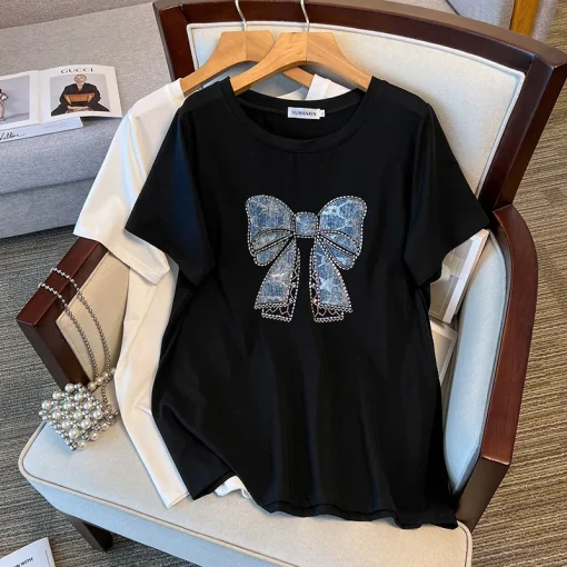 Plus Size Loose Fit Round Neck Bow Printed T-shirt