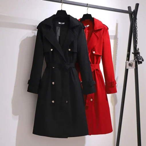 Plus Size Autumn Tailored Collar Double-Breasted Trench Coat