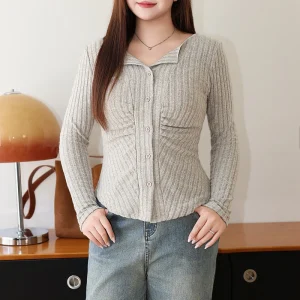 Women's V-Neck Fold Waist Long Sleeve Cardigan Top, Plus Size