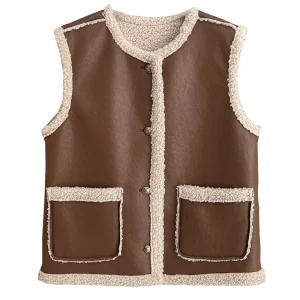Plus Size Women's Vintage Fleece-Lined Leather Fur Sleeveless Vest