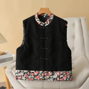 Plus Size Women’s Padded Vest, Color Contrast Chinese Style Waistcoat