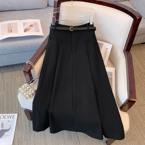 Plus Size Autumn High Waist A-Line Pleated Skirt Black