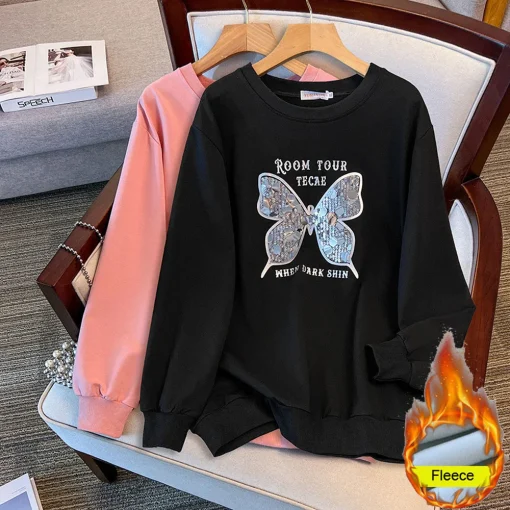 Plus Size Loose Round Neck Sequined Butterfly Fleece Sweatshirt