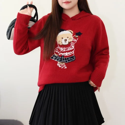 Vintage Bear Embroidered Crew Neck Sweater Women Plus Size - Image 2