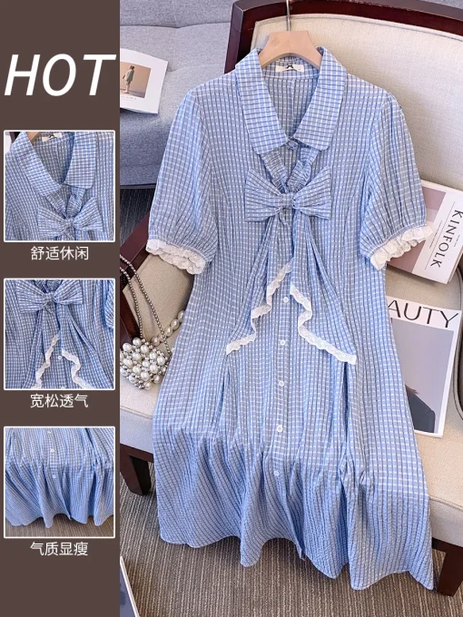 Plus Size Women's Summer Loose Blue Plaid Polo Collar Dress - Image 4