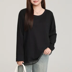 Plus Size Women's Hand-Painted Lace Patchwork Long Sleeve T-Shirt