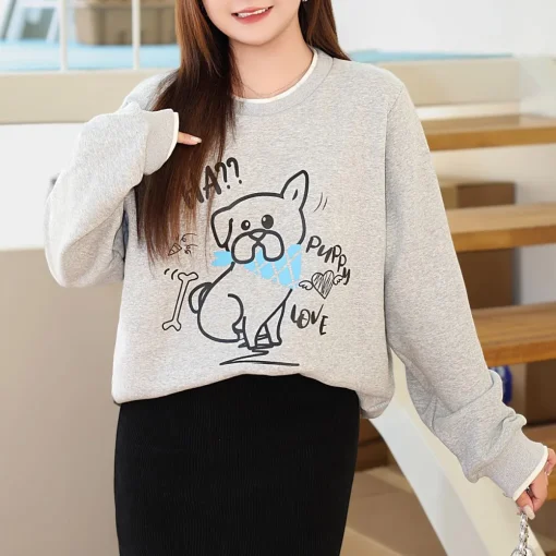 Loose Fleece-lined Hoodie Women Plus Size Cartoon Sweatshirt - Image 4