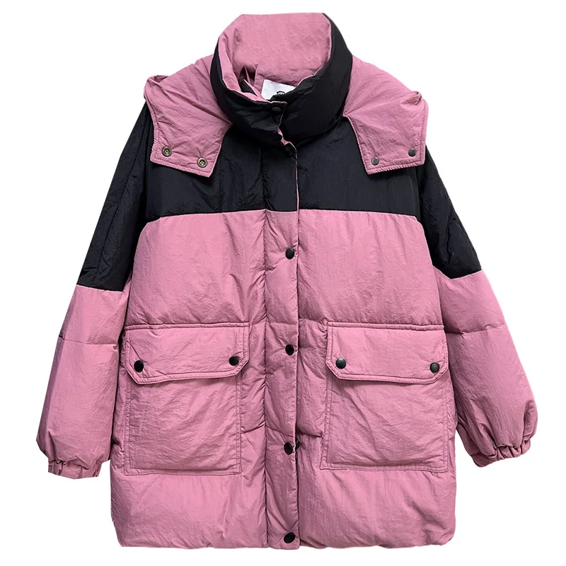 Plus Size Women Down Coat Winter Hooded Block Color Jacket