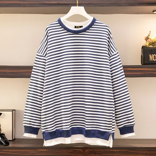 Plus Size Loose Striped Fake Two-Piece Long-Sleeve Sweatshirt