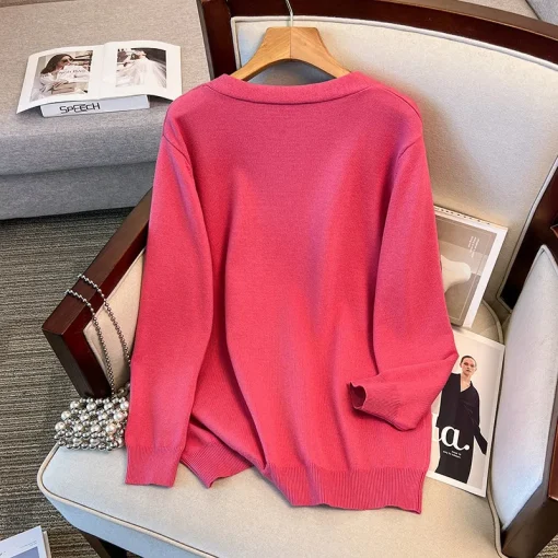 Plus Size Loose V-Neck Bow Knitted Cardigan Sweater - Image 4