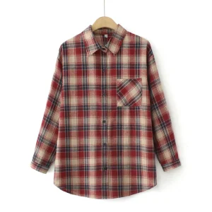 Plus Size Loose Mid-Length Brushed Plaid Shirt Blouse