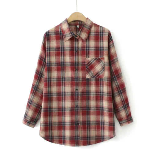 Plus Size Loose Mid-Length Brushed Plaid Shirt Blouse