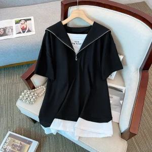 Plus Size Women's Navy Neck Loose Summer T-Shirt