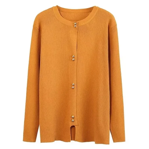 Plus Size Loose Knit Cardigan with Copper Buttons for Women - Image 6