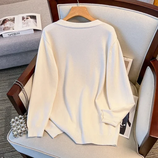 Plus Size Loose V-Neck Bow Sweater Knitted Cardigan - Image 5